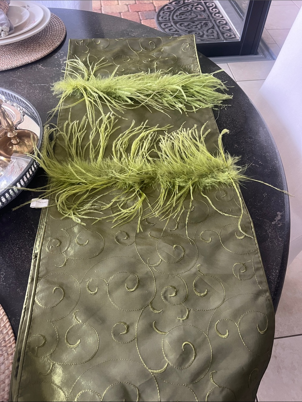EUC whimsical olive Green table runner with green ostrich feathers 14" x 72"